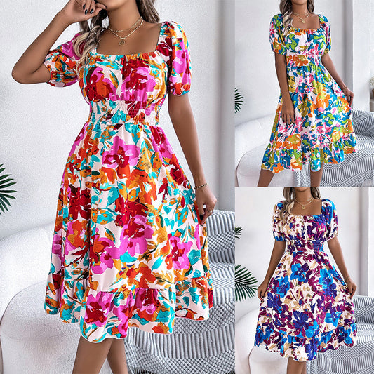 Casual Flower Square Collar Short Sleeve Waist Trimming Ruffles A- Line Dress