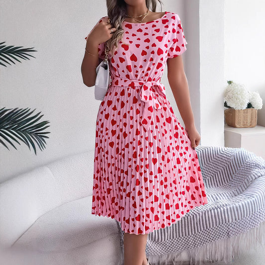 Casual Contrast Color Love Heart Short Sleeve Waist-controlled Pleated Dress